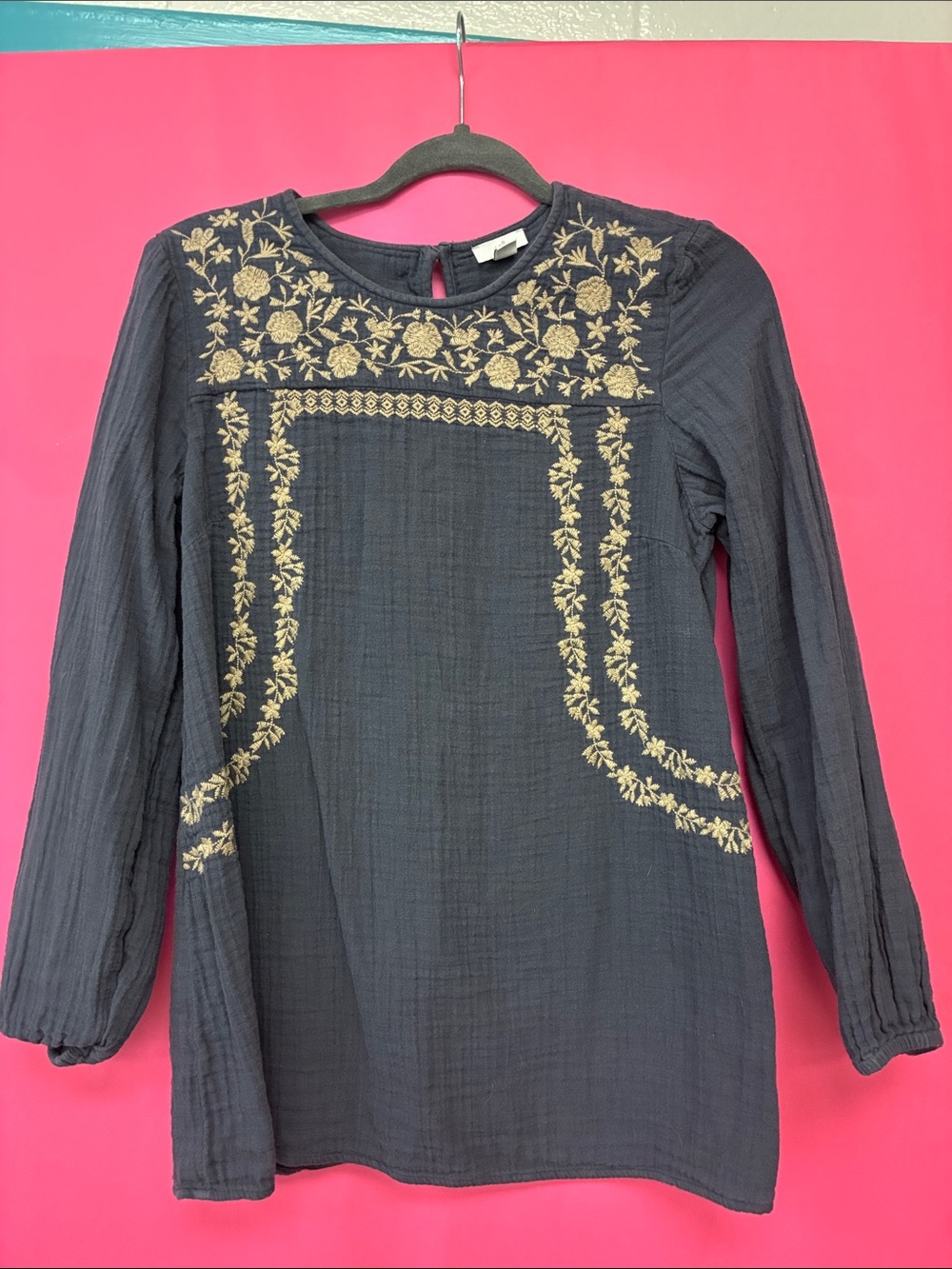 J. Jill Navy Tunic with Cream Floral Embroidery